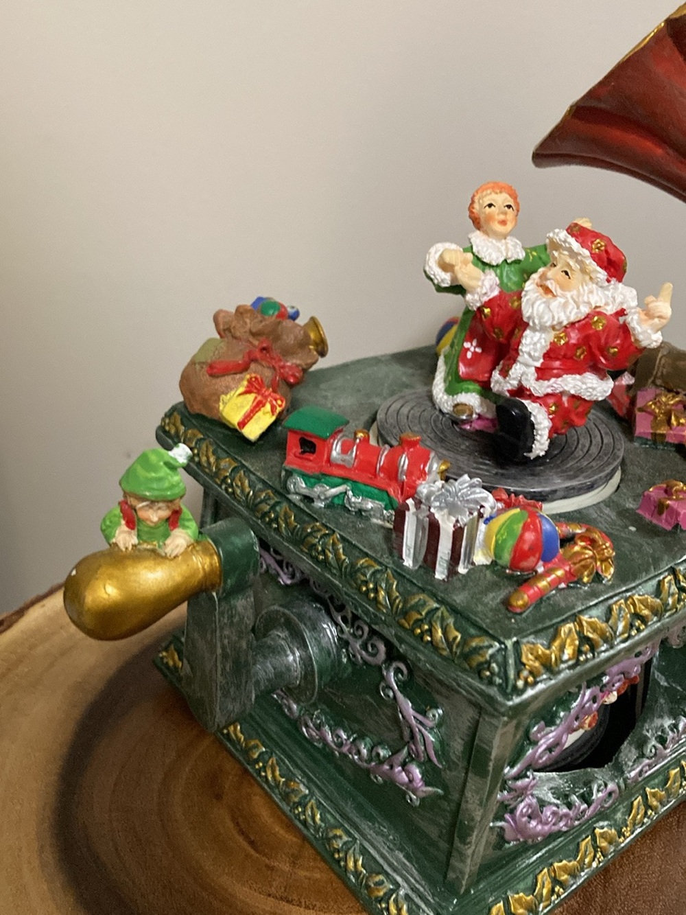 Vintage Green and Red Santa Music Box Holiday Figurine